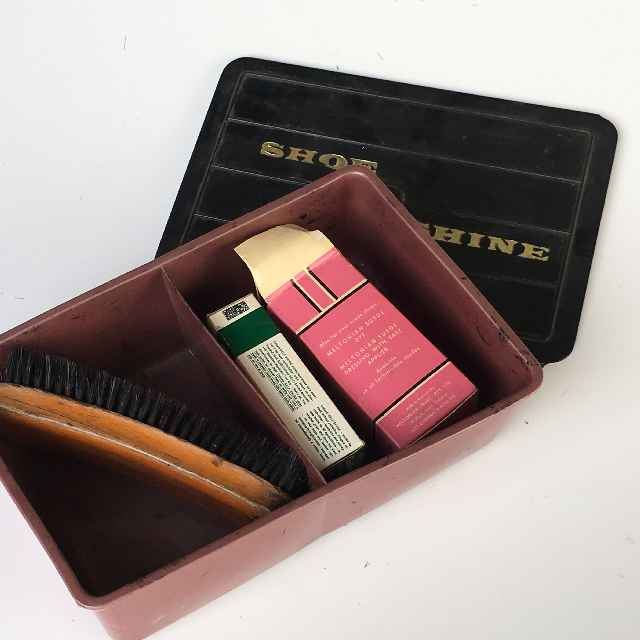 SHOE SHINE, Pink Plastic Box w Black Lid